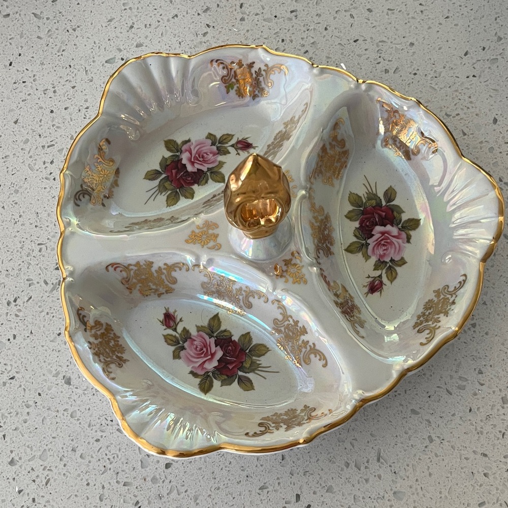 Atelier Czech Republic Vintage Rose Porcelain Divided Dish Karlsbad 24KGold Trim